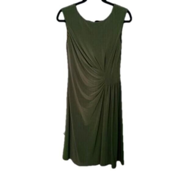 Jones & Co Olive Green Sleeveless Waist Defining Rouched Midi Dress size 8 - Picture 3 of 6